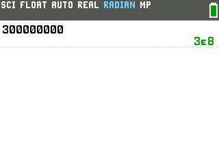 The TI-84 Evo in SCI mode showing the plain number 300000000 returned as 3E8
