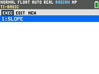 TI-84 Evo TI-Basic program list showing 1: SLOPE