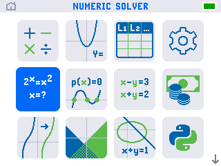 The TI-84 Evo app grid with the Numeric Solver icon highlighted and NUMERIC SOLVER named in the title bar