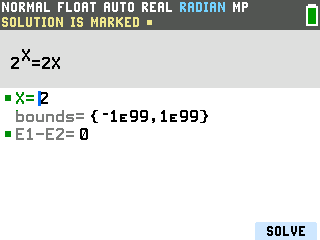 The TI-84 Evo Numeric Solver showing X equals 2 as the solved answer