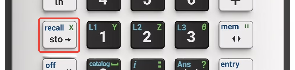TI-84 Evo keyboard with the sto key highlighted in the bottom-left corner