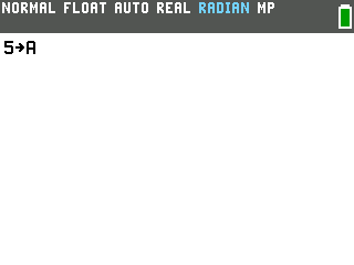 The TI-84 Evo home screen showing 5 arrow A on the entry line