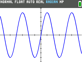 The graph of 5 sin X fully in view after setting Ymin to -6 and Ymax to 6 on the TI-84 Evo