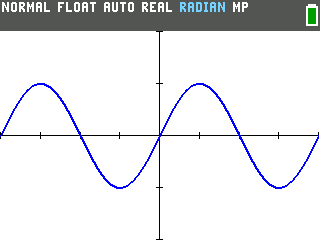The TI-84 Evo showing two clean sine periods on a custom window