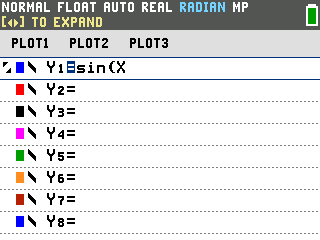 The TI-84 Evo Y= editor showing Y1 equals sin of X