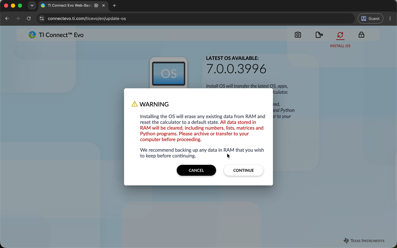 Warning dialog explaining that installing the OS erases all data stored in RAM
