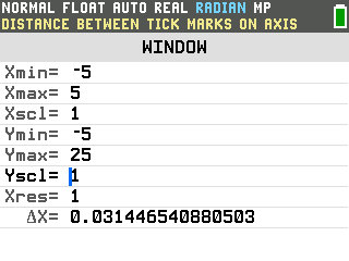 The TI-84 Evo WINDOW screen with Xmin -5, Xmax 5, Ymin -5, Ymax 25
