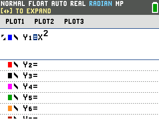 The TI-84 Evo Y= editor showing Y1 equals X squared